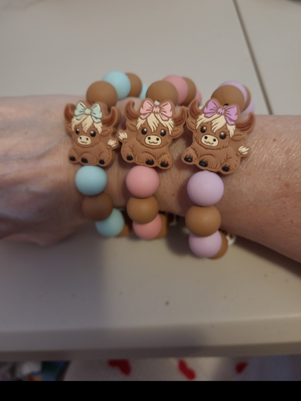 Cute Cow Silicone Bead  Bracelet Keychains - Pastel Pink, Blue, and Purple